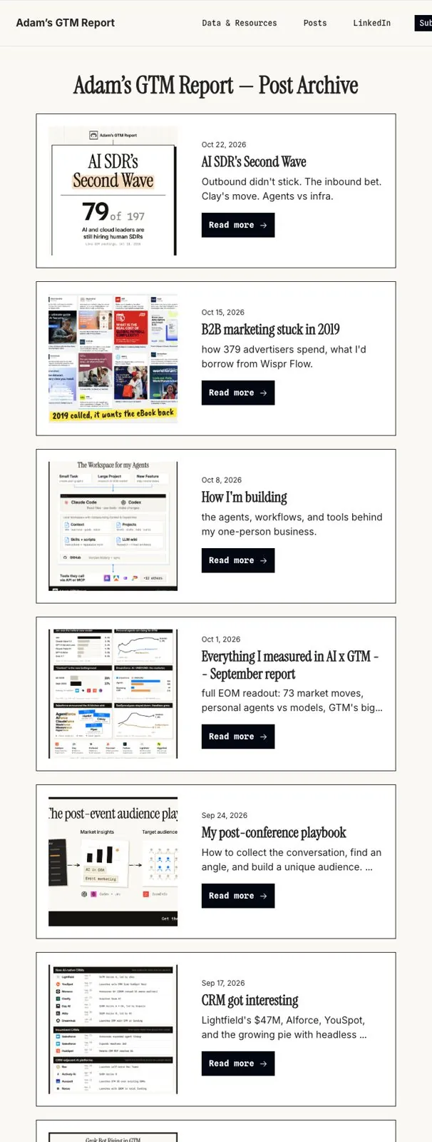 The archive before: tall rows with square crops of thumbnails in mixed styles, and a Read more button on each.