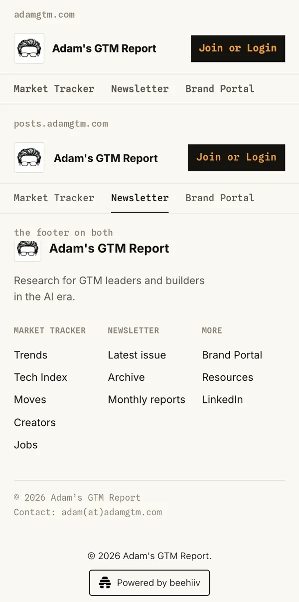 Both phone headers, two rows each with the sections as tabs, and the footer at phone width.