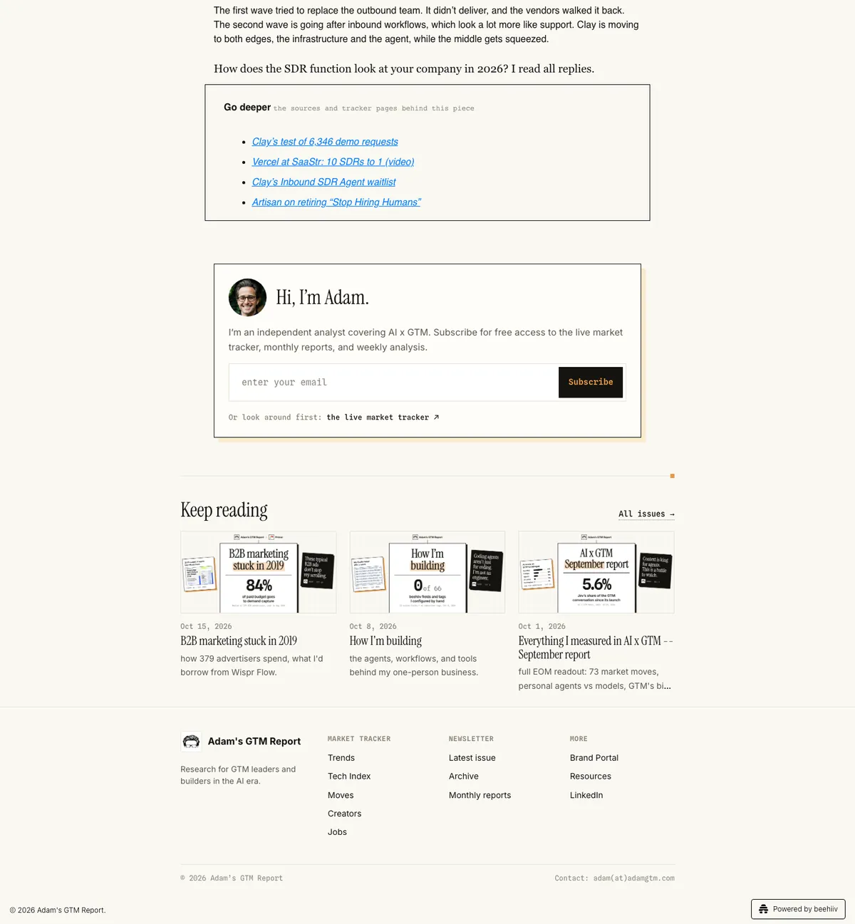 The end of the Oct 22 post: Go deeper links, a framed Hi, I'm Adam card with a signup and a link to the market tracker, Keep reading with three lead cards, and the colophon footer.
