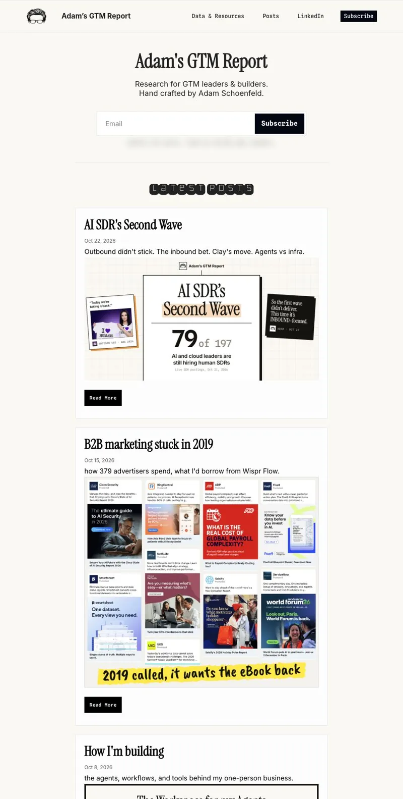The home page before: a centered title and signup, a pixel-font Latest Posts heading, and one tall card per post.