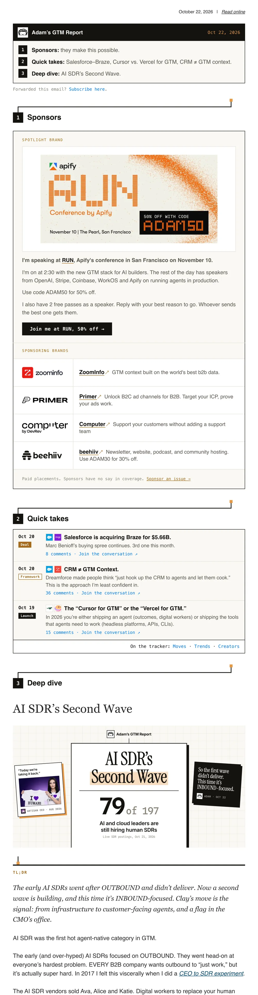 The Oct 22 email as sent, at 700px: the ink masthead with a three-line agenda, the forwarded-reader line, the Sponsors section with a spotlight banner and partner rows, Quick takes as ledger rows with tags and logos, then the Deep dive under its lead card.