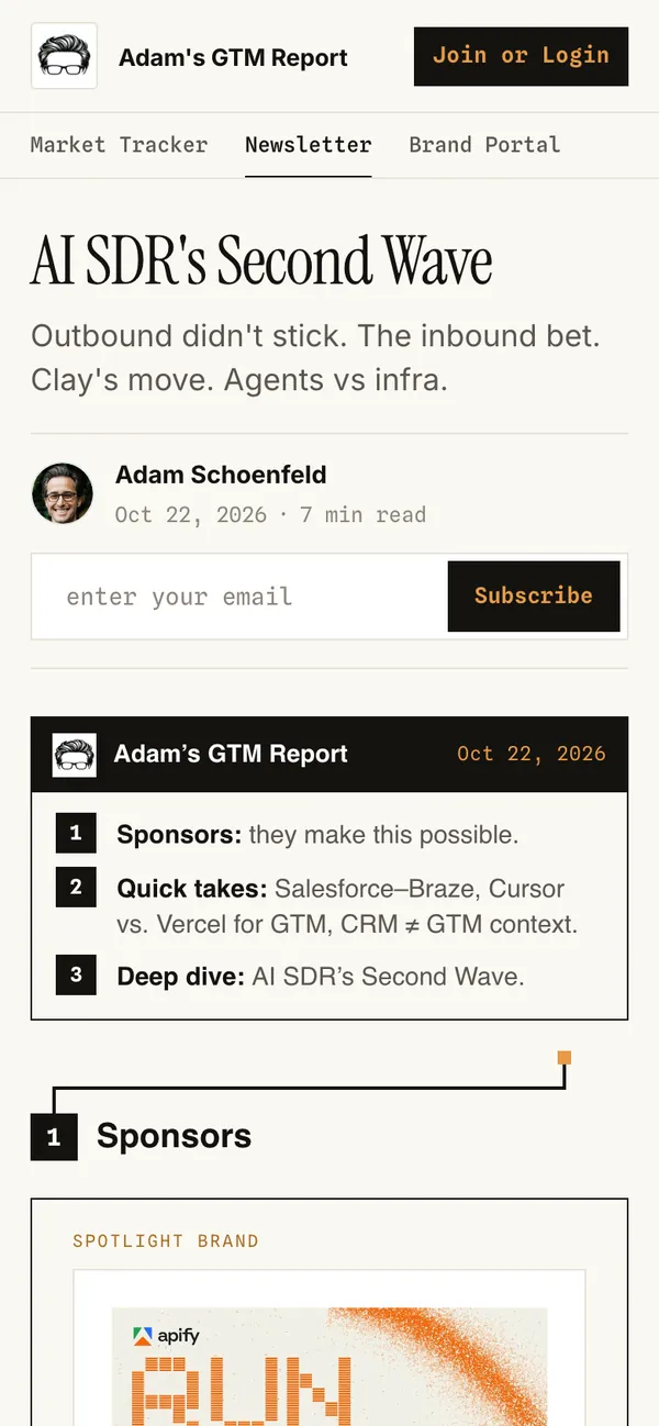 The top of the post at phone width, with the signup full width under the byline.