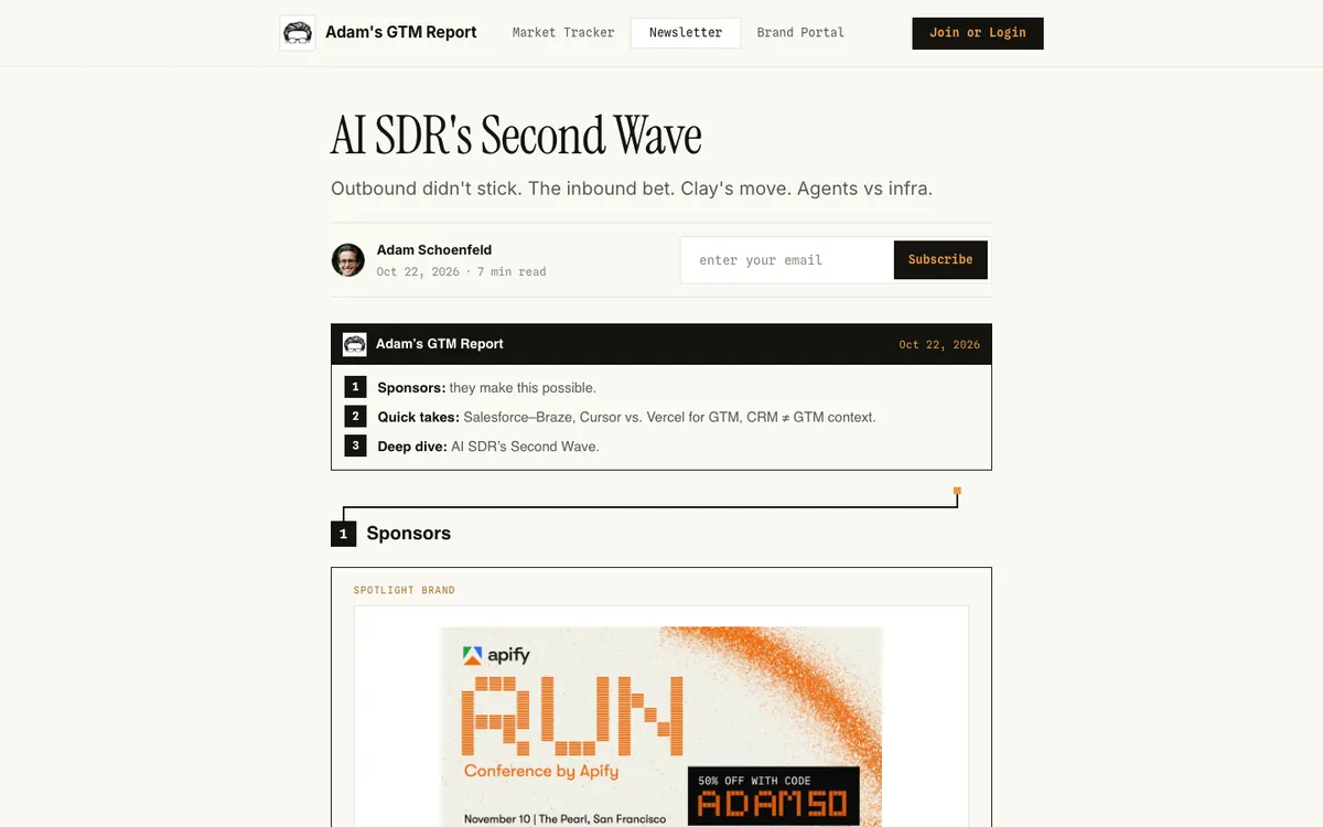 The top of the Oct 22 post: title, subtitle, a byline row with Adam's photo on the left and an email field and Subscribe button on the right, then the issue's masthead.
