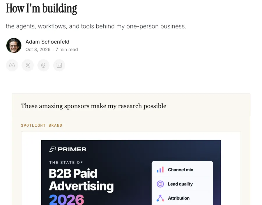 The top of the Oct 8 post before: title, subtitle, byline and four round share icons, with no signup.