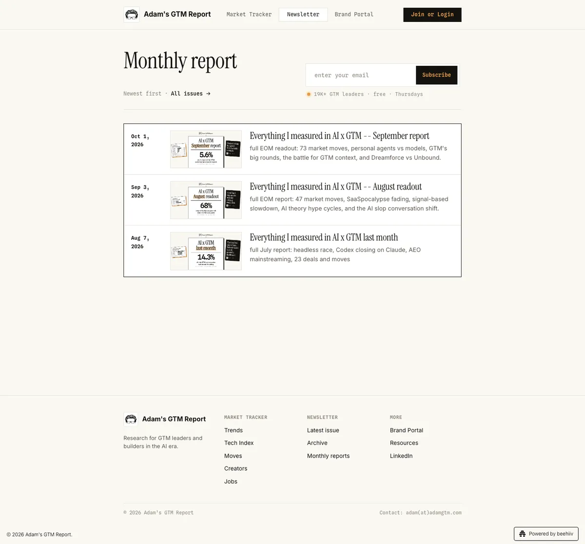 The Monthly report tag page: a title, a signup, and the three monthly reports as ledger rows, newest first.
